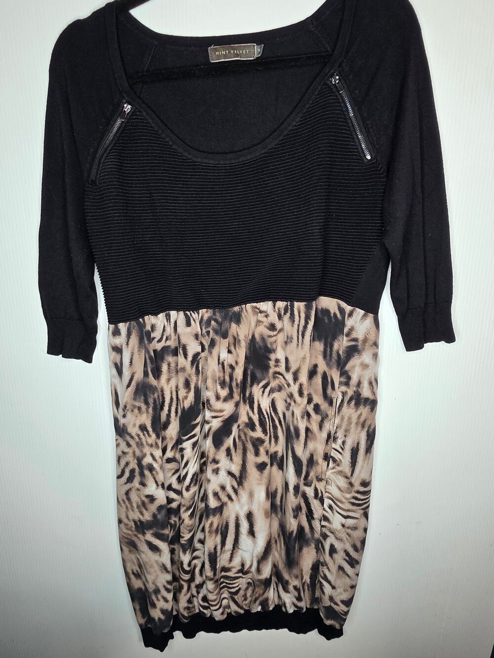 Mint Velvet Size 14 Black Animal Print Silk Mix Dress Chic Glam Cocktail Party